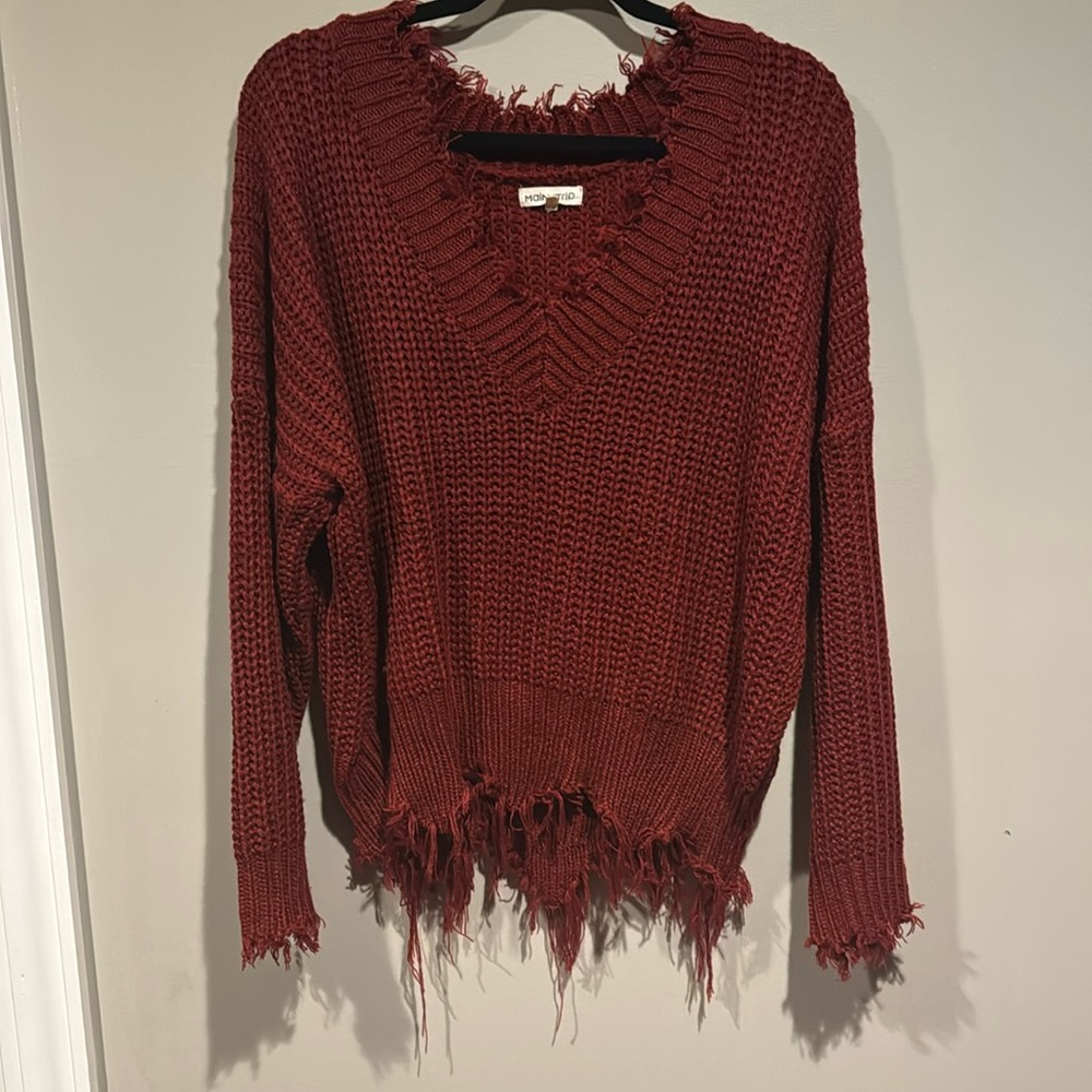 Burgundy Destroyed V-neck Sweater